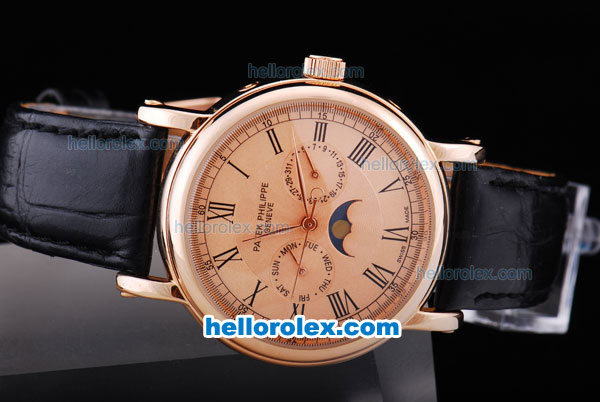 Patek Philippe Automatic Rose Gold Case and Dial with Black Marking and Leather Strap - Click Image to Close